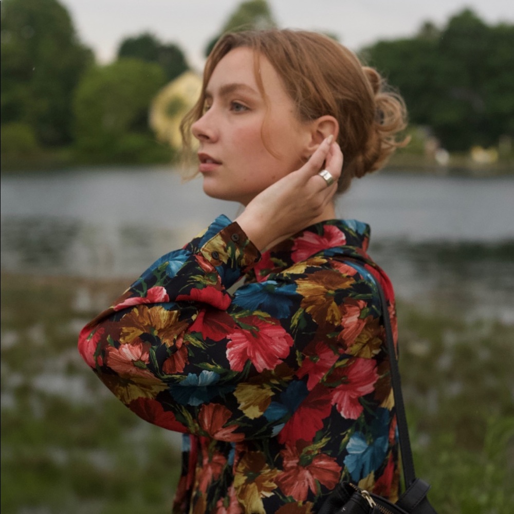 Zara basics multicolored oversized floral button up blouse